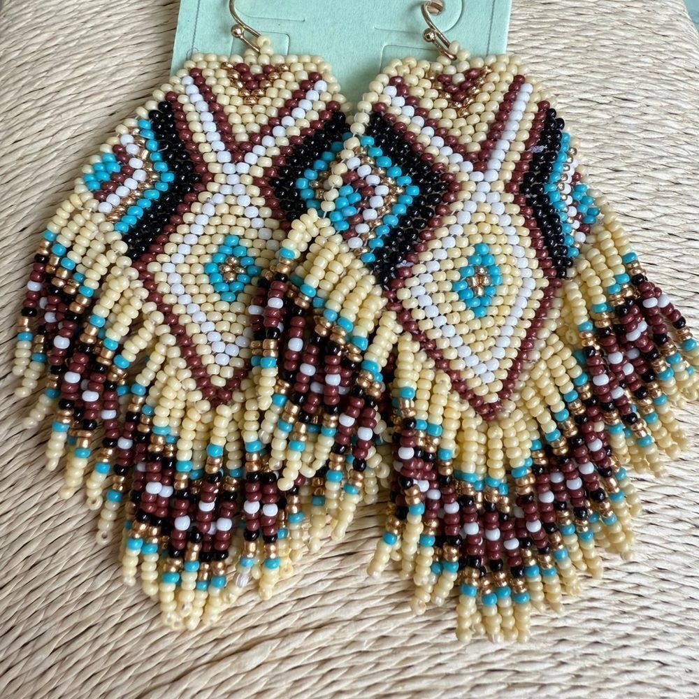 Western Earrings Beaded Multicolor Pale Yellow Turquoise Blue Brown Black Fringe
